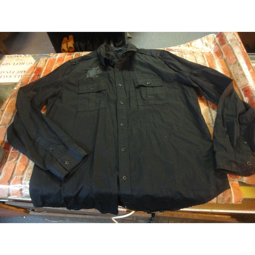 Guess mens L regular fit long sleeve button front flower embroiderd back shirt
